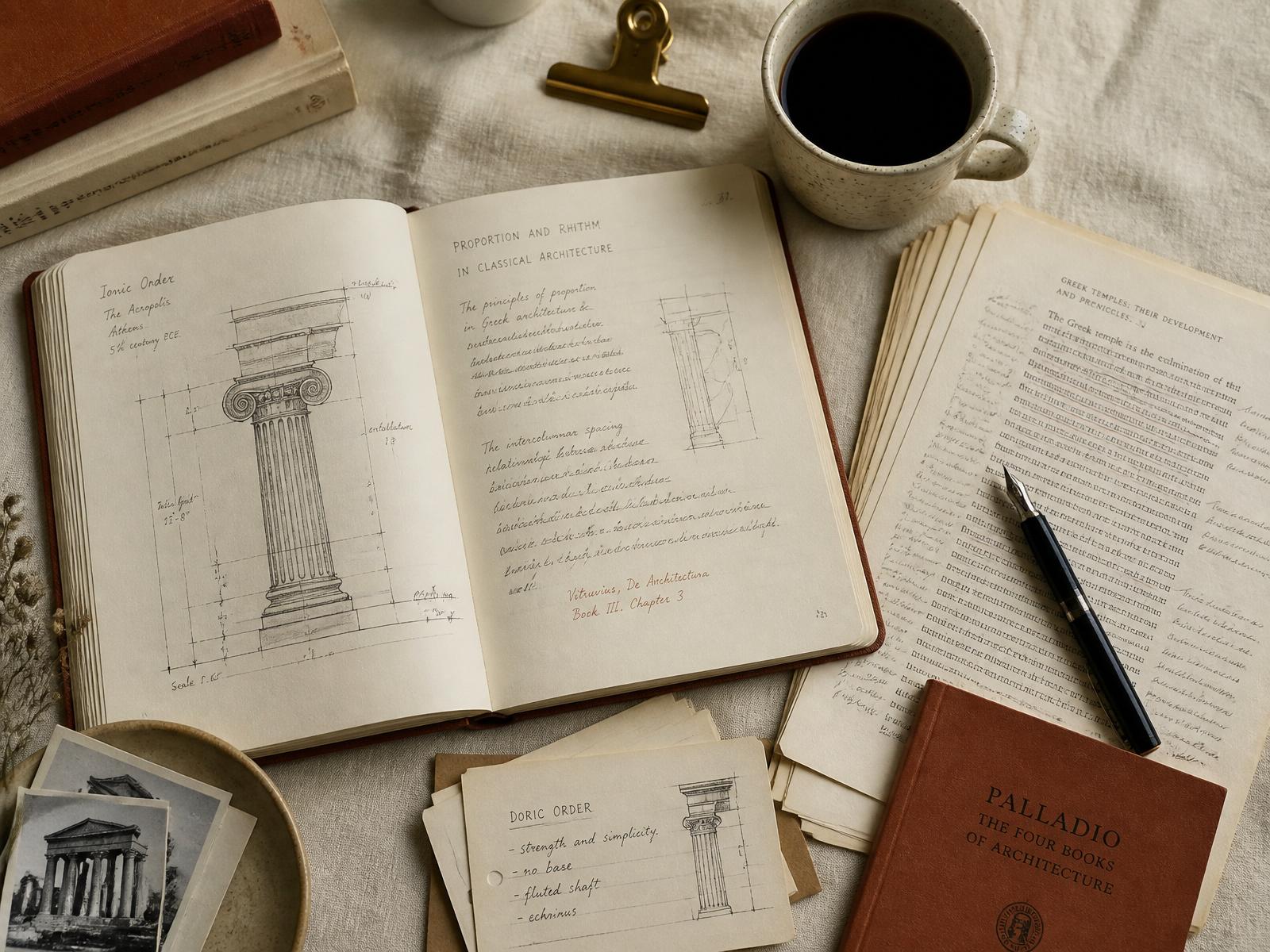 Editorial flat lay of an academic workspace