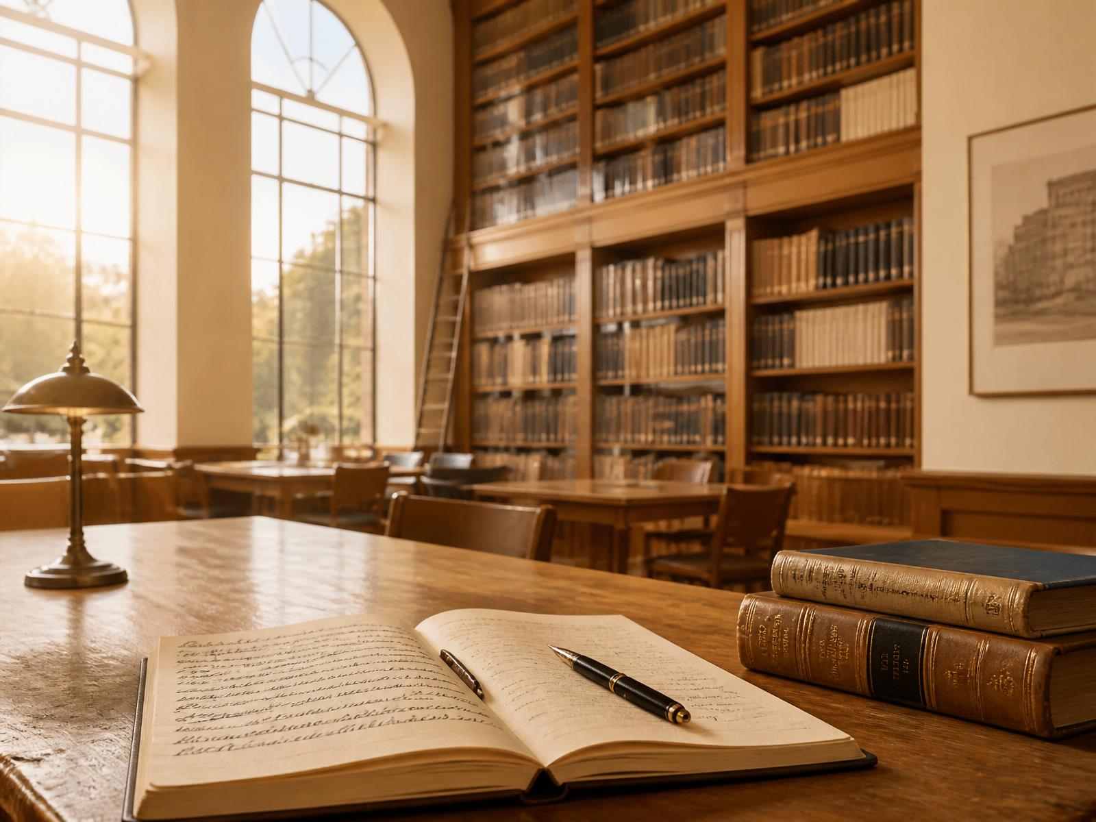 A quiet university reading room at golden hour