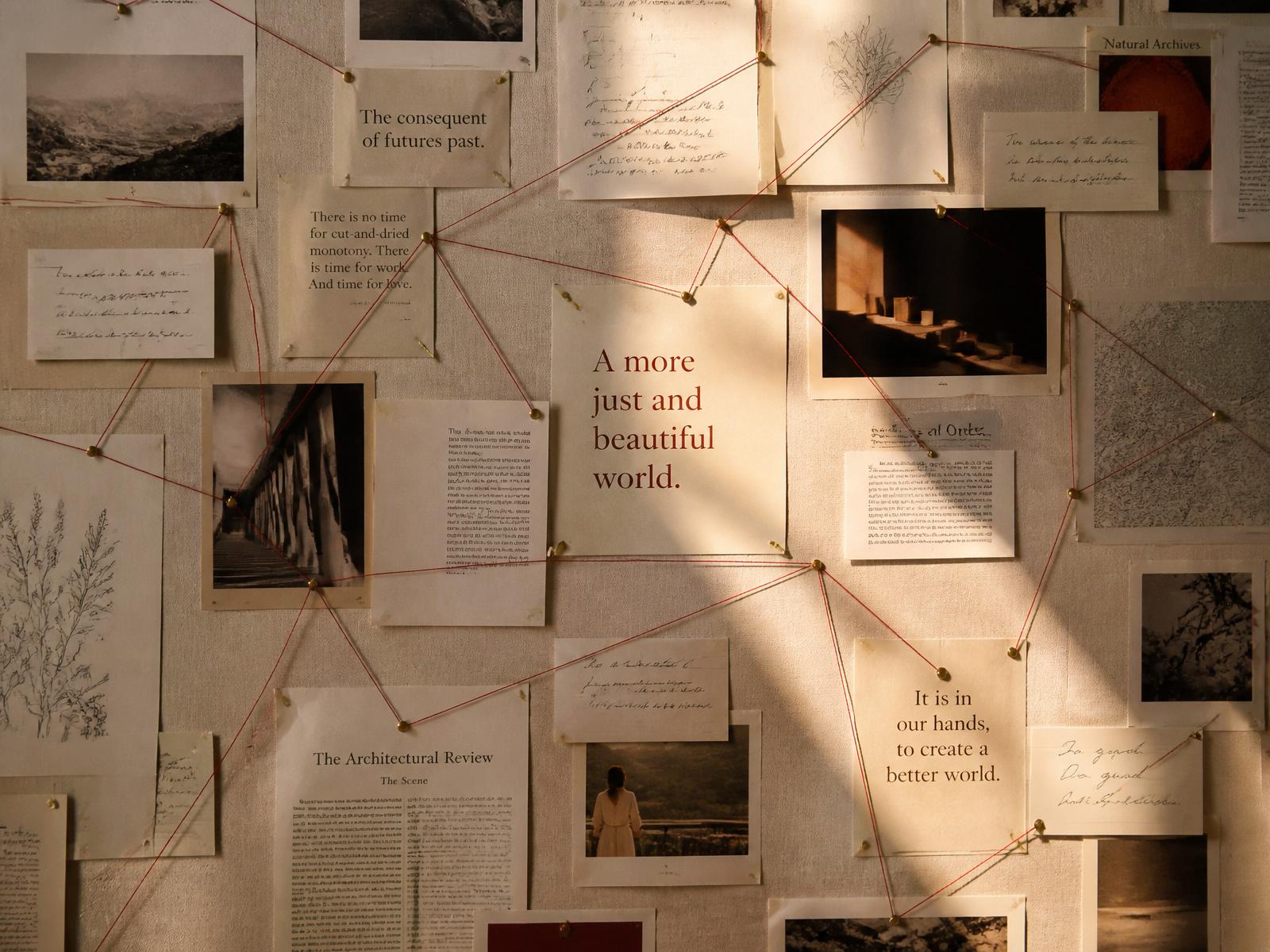 A research wall of pinned papers connected by red thread