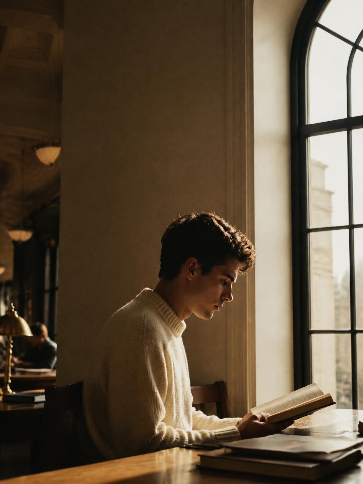 A student reading by an arched window